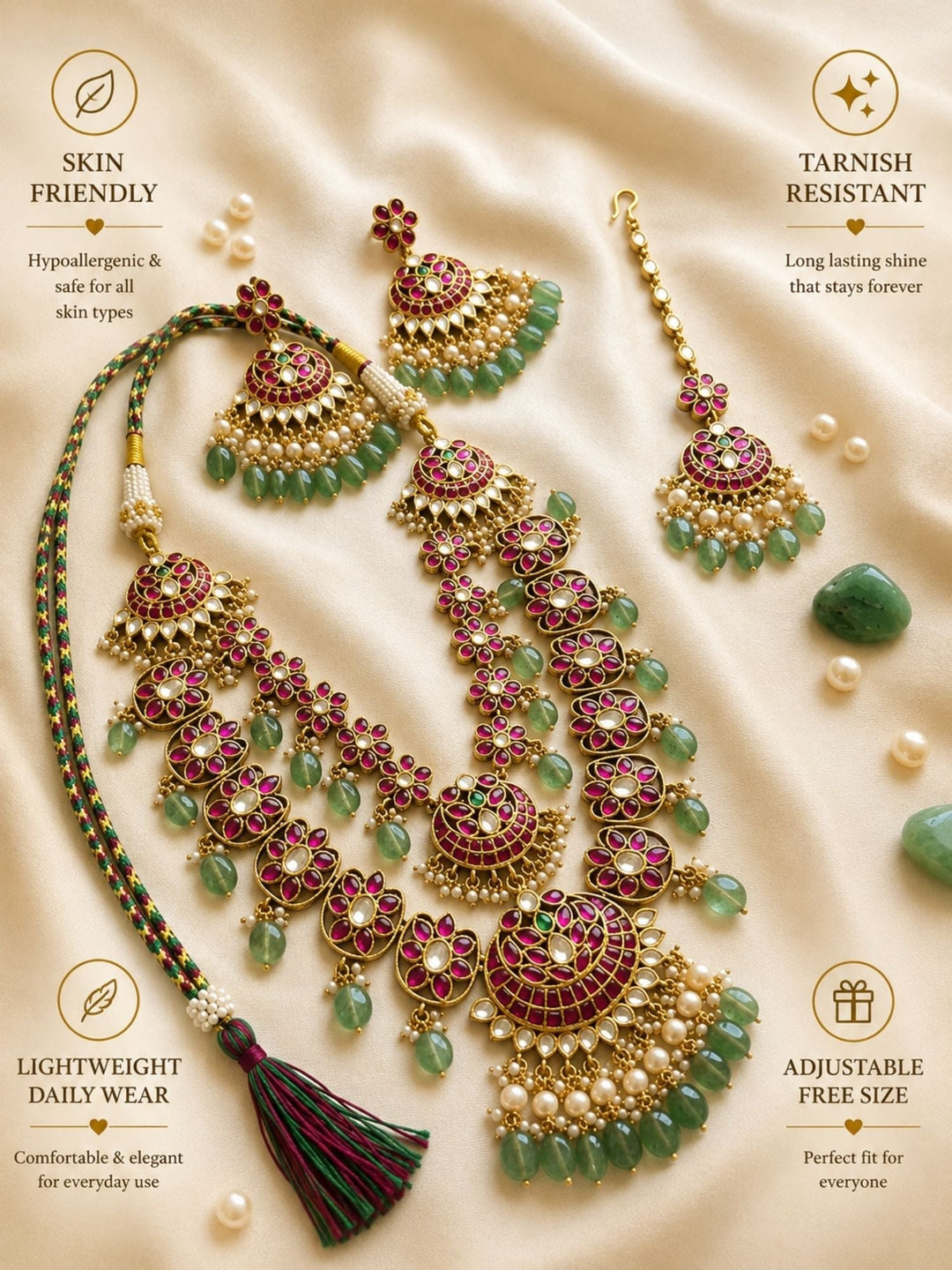 Royal Rani Pink Kundan Bridal Haram Set with Emerald Drops & Maang Tikka | shobitam