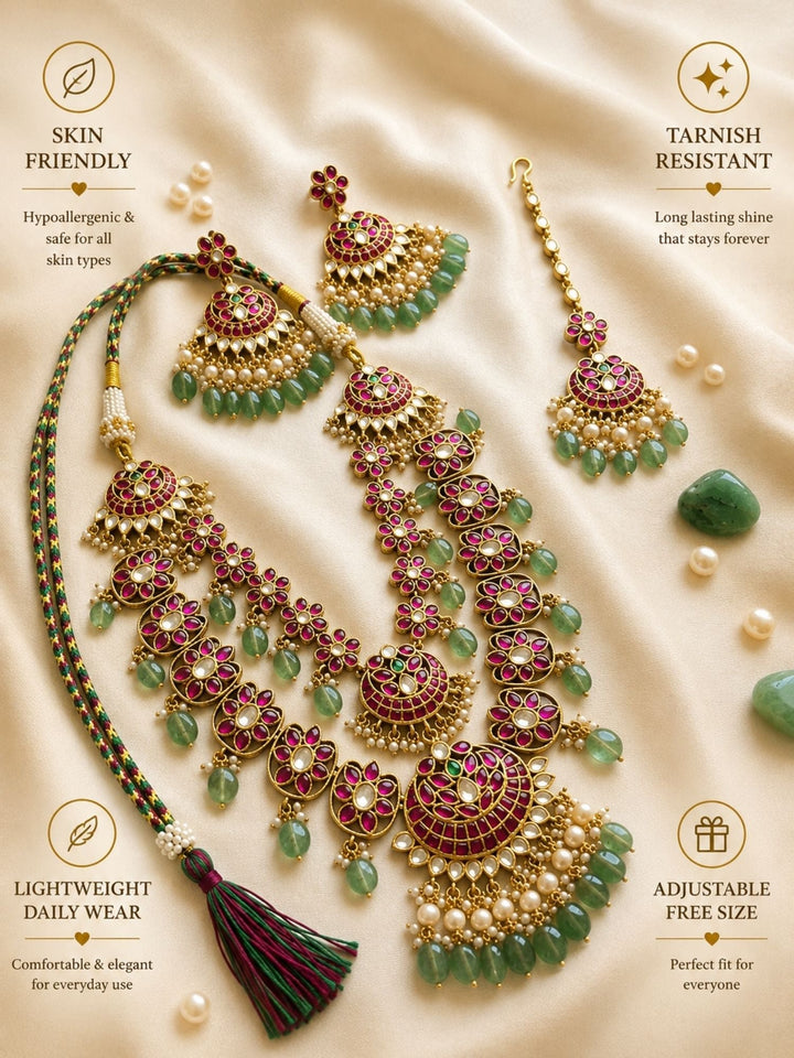 Royal Rani Pink Kundan Bridal Haram Set with Emerald Drops & Maang Tikka | shobitam