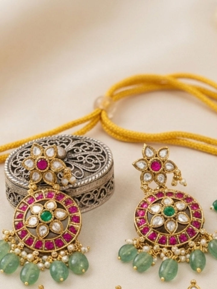 Pearl Kundan Choker Set with Ruby & Emerald Drops | Shobitam