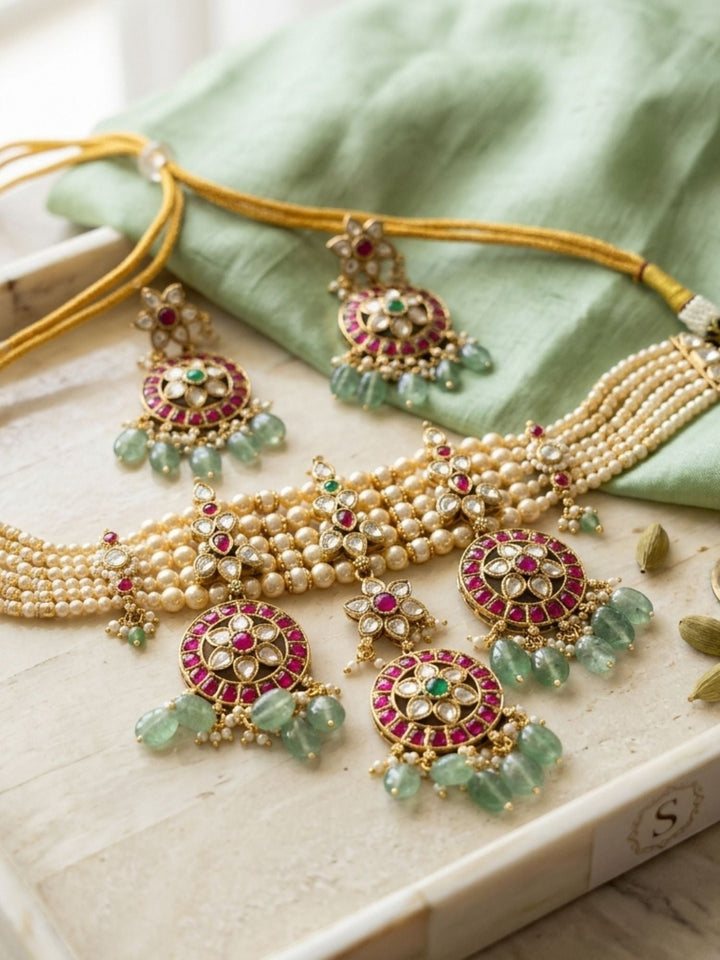 Pearl Kundan Choker Set with Ruby & Emerald Drops | Shobitam
