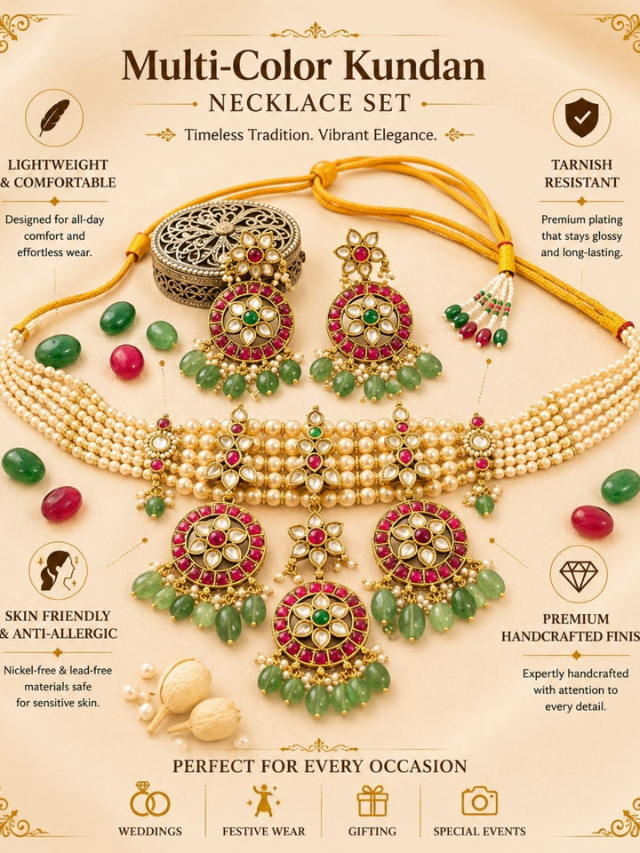 Pearl Kundan Choker Set with Ruby & Emerald Drops | Shobitam