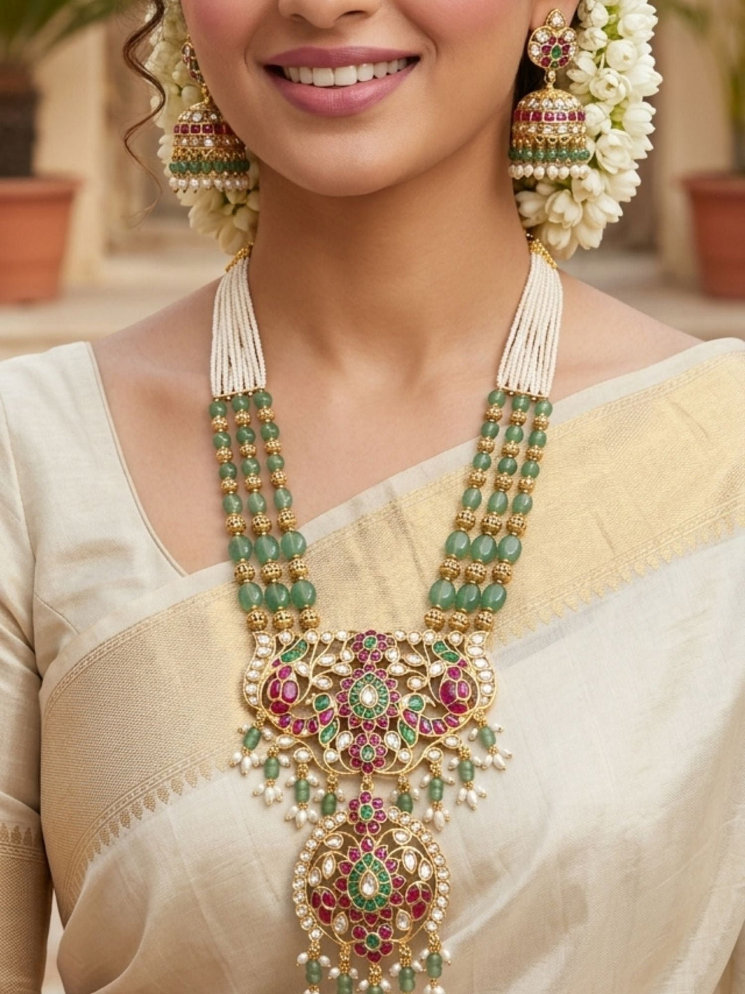 Emerald Beaded Kundan Long Necklace Set with Statement Pendant | SHOBITAM