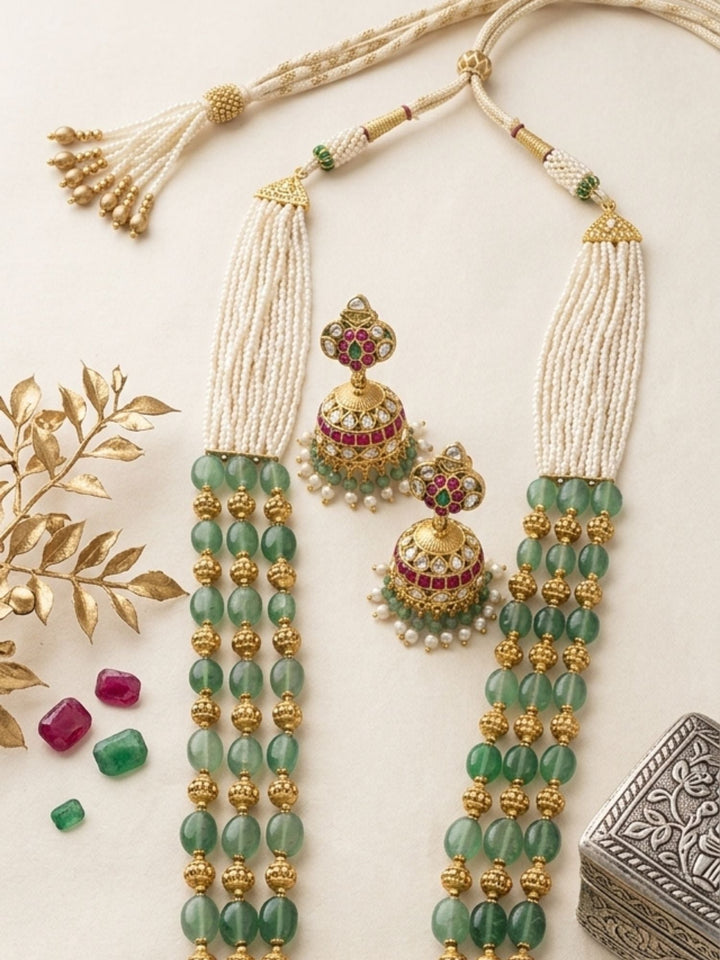 Emerald Beaded Kundan Long Necklace Set with Statement Pendant | SHOBITAM