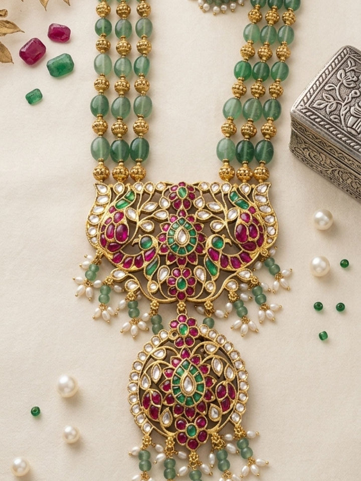 Emerald Beaded Kundan Long Necklace Set with Statement Pendant | SHOBITAM