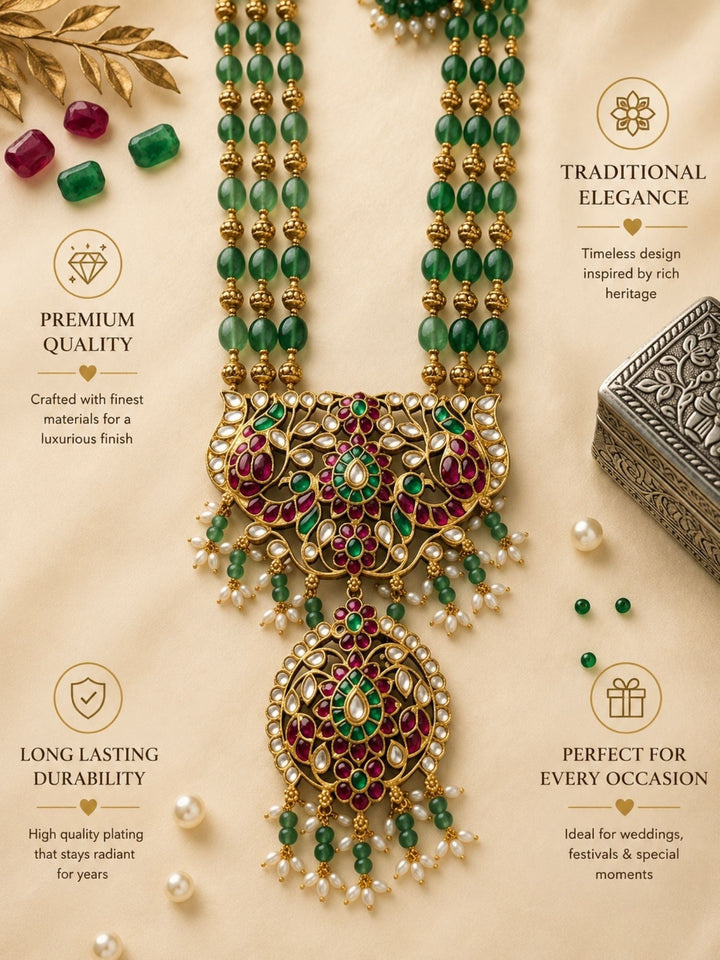Emerald Beaded Kundan Long Necklace Set with Statement Pendant | SHOBITAM