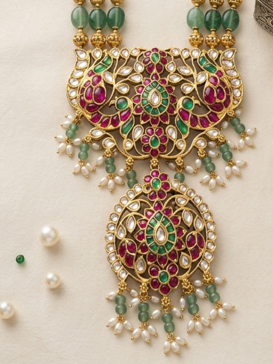 Emerald Beaded Kundan Long Necklace Set with Statement Pendant | SHOBITAM