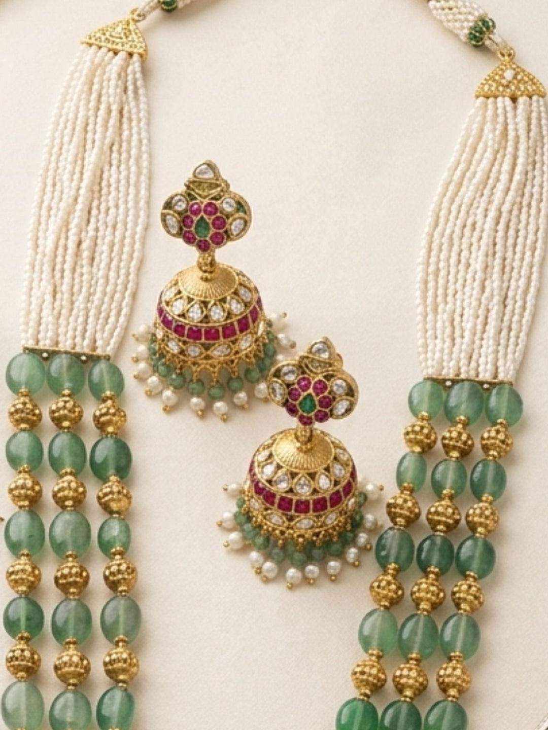 Emerald Beaded Kundan Long Necklace Set with Statement Pendant | SHOBITAM