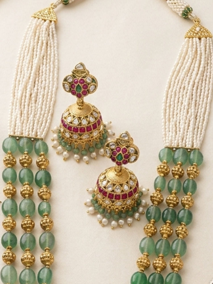 Emerald Beaded Kundan Long Necklace Set with Statement Pendant | SHOBITAM