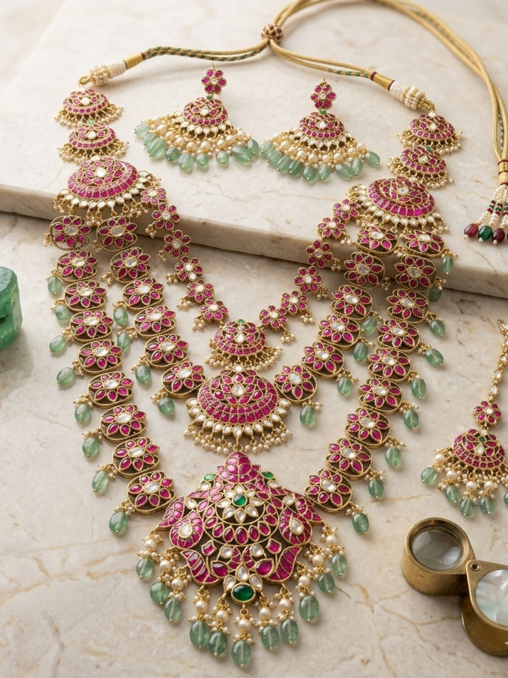 Rani Pink Kundan Bridal Haram Set with Emerald Drops & Maang Tikka | SHOBITAM