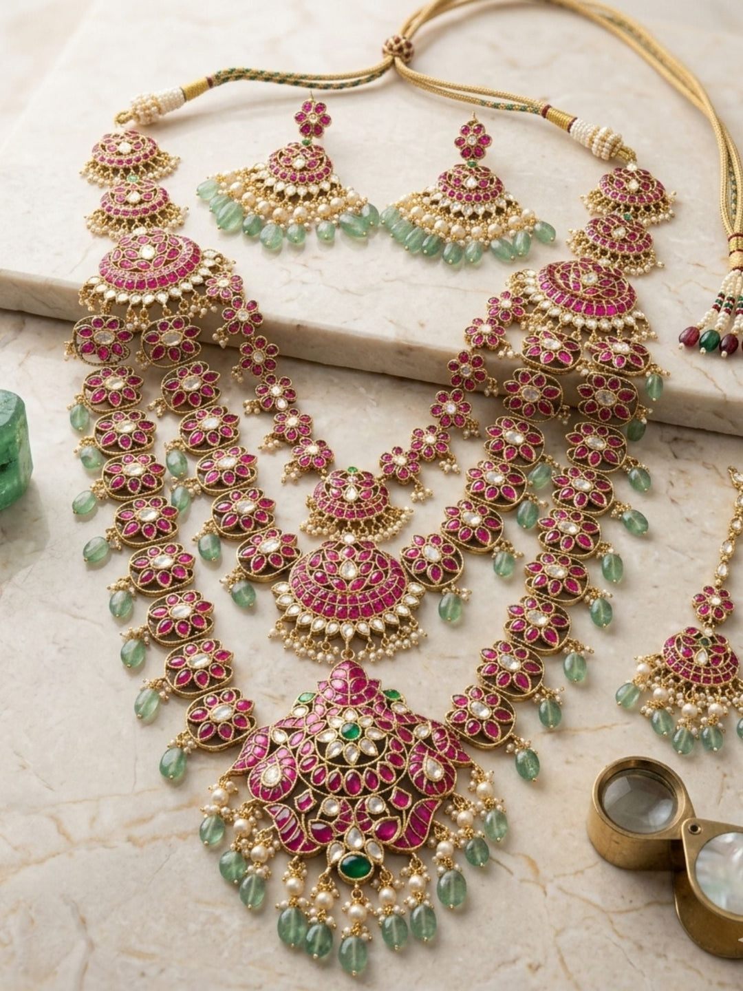 Royal Rani Pink Kundan Bridal Haram Set with Emerald Drops & Maang Tikka | SHOBITAM