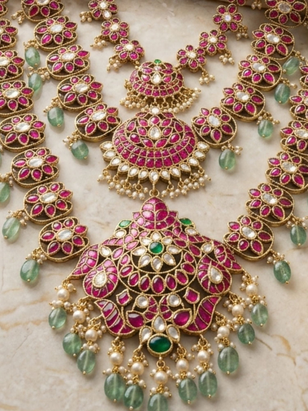 Rani Pink Kundan Bridal Haram Set with Emerald Drops & Maang Tikka | SHOBITAM