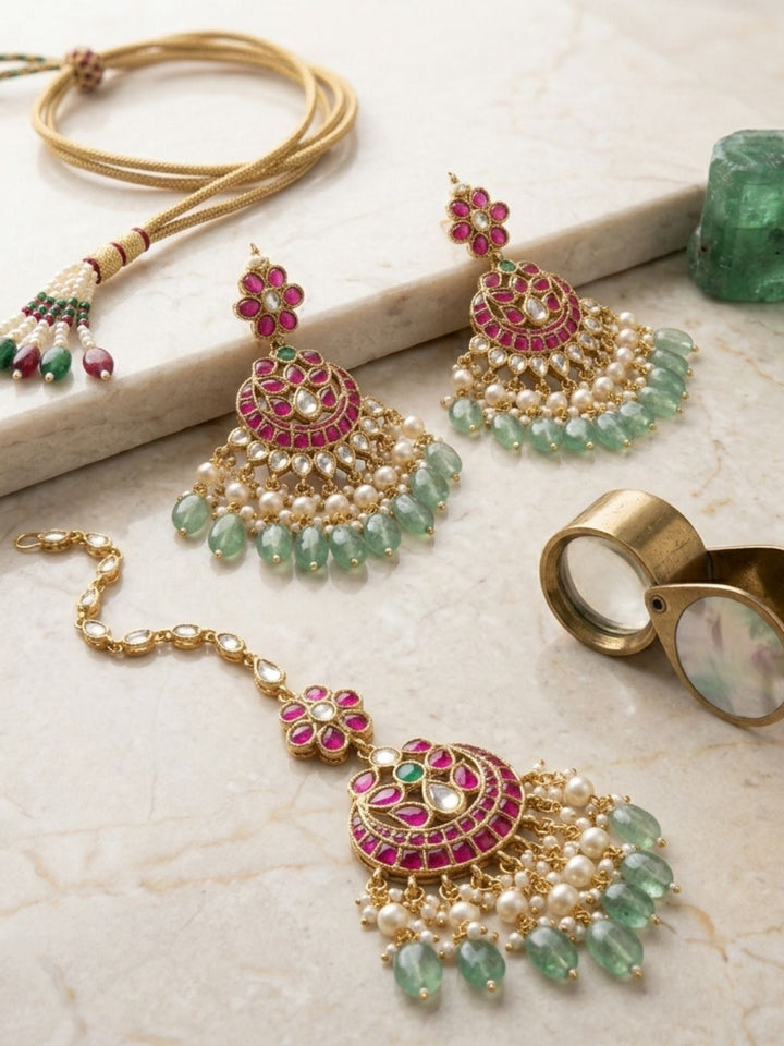 Royal Rani Pink Kundan Bridal Haram Set with Emerald Drops & Maang Tikka | SHOBITAM