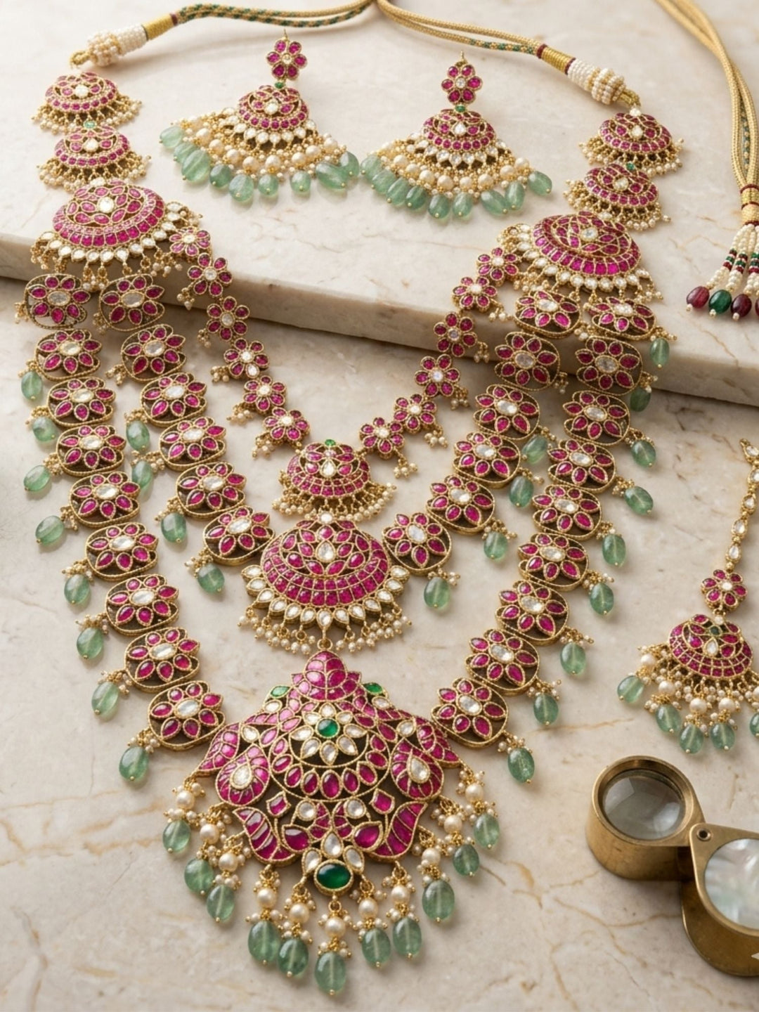 Rani Pink Kundan Bridal Haram Set with Emerald Drops & Maang Tikka | SHOBITAM