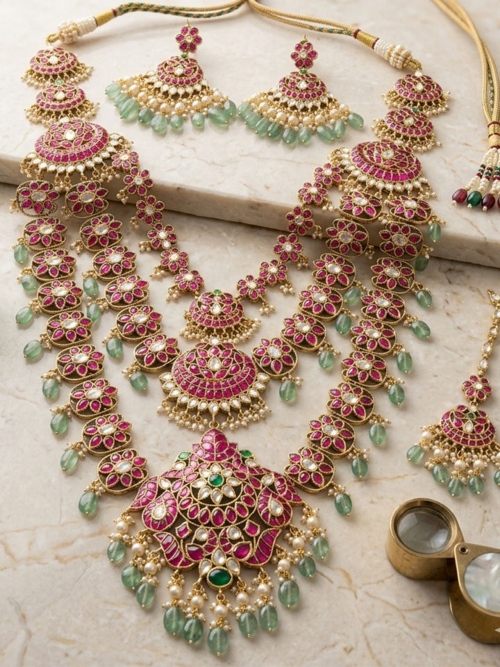 Rani Pink Kundan Bridal Haram Set with Emerald Drops & Maang Tikka | SHOBITAM