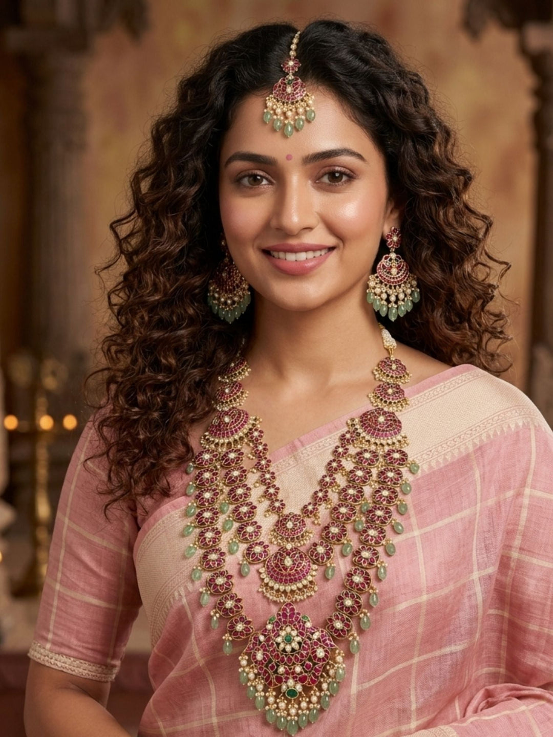 Royal Rani Pink Kundan Bridal Haram Set with Emerald Drops & Maang Tikka | SHOBITAM