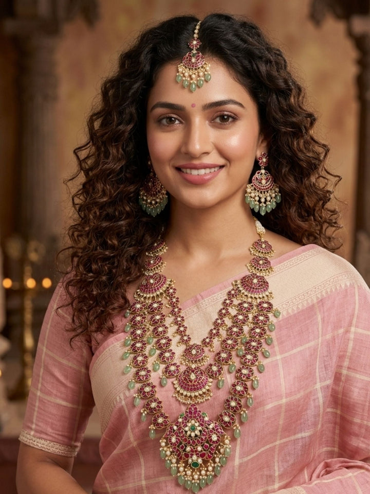 Royal Rani Pink Kundan Bridal Haram Set with Emerald Drops & Maang Tikka | SHOBITAM