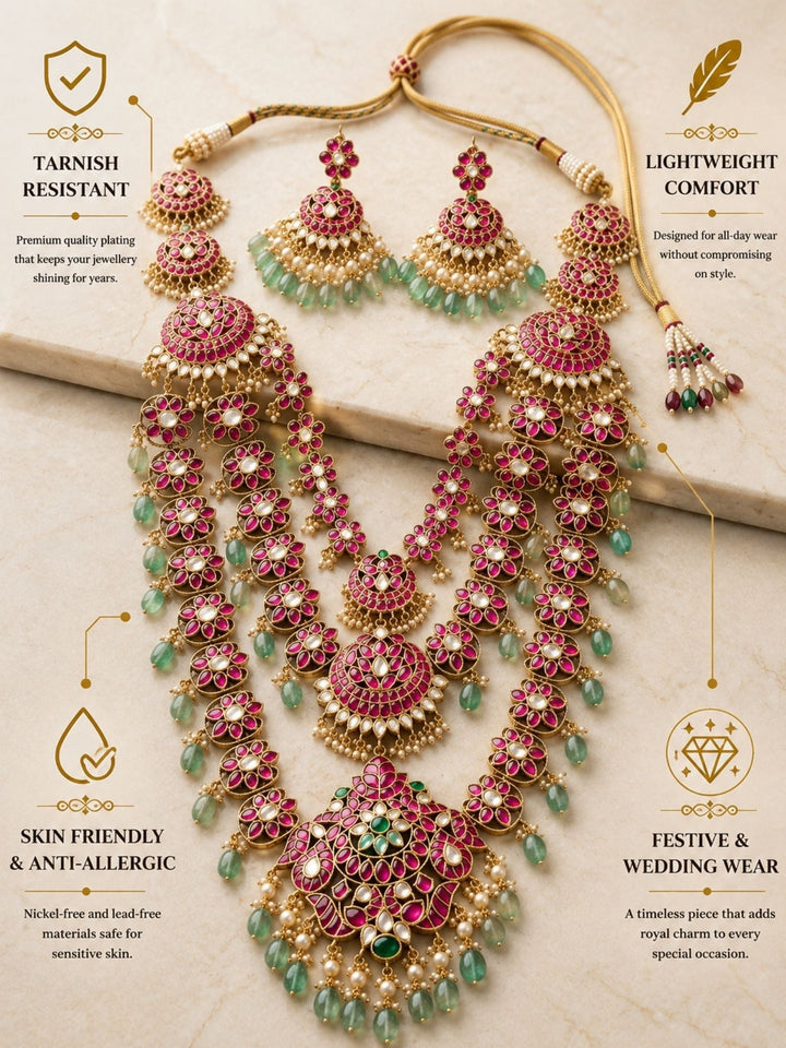 Royal Rani Pink Kundan Bridal Haram Set with Emerald Drops & Maang Tikka | SHOBITAM