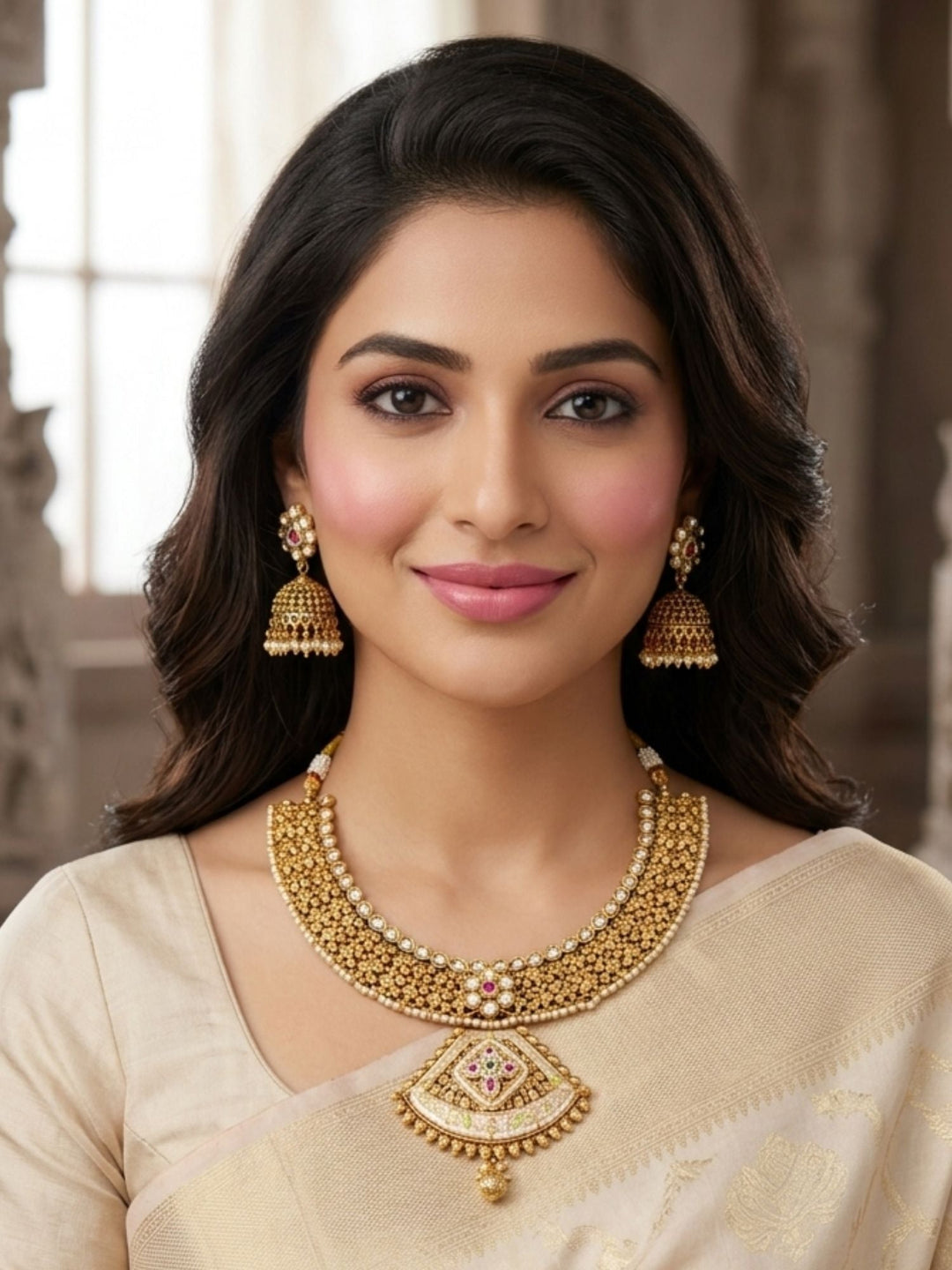 Classic Antique Gold Choker Set with Pearl Detailing & Jhumkas | Shobitam