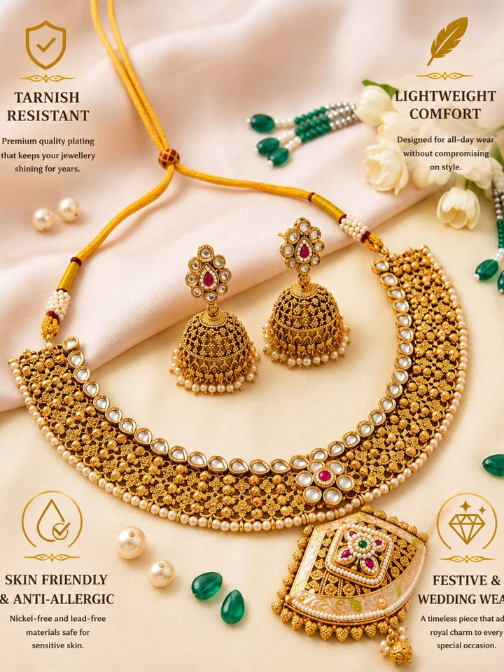 Classic Antique Gold Choker Set with Pearl Detailing & Jhumkas | Shobitam