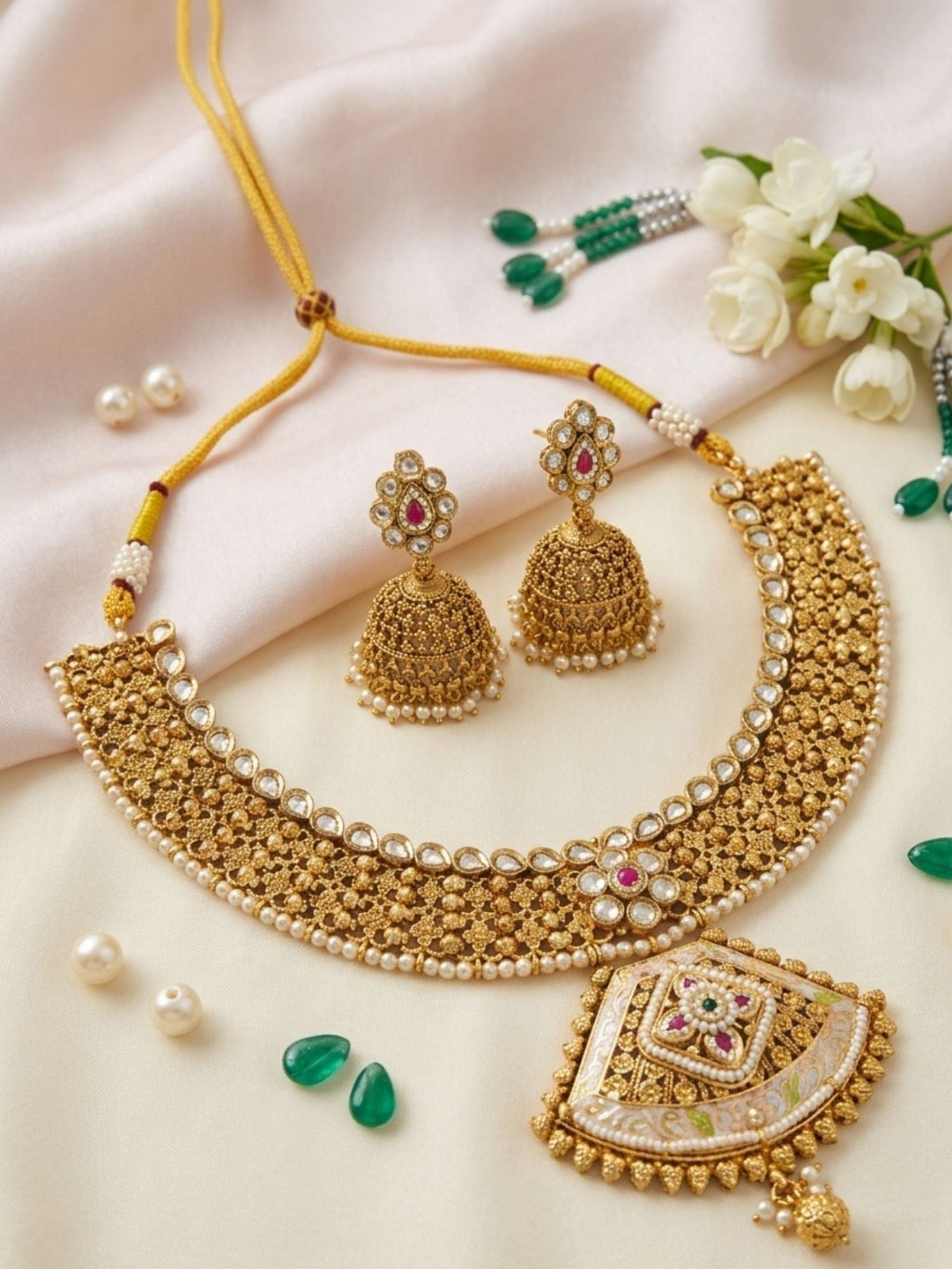 Classic Antique Gold Choker Set with Pearl Detailing & Jhumkas | Shobitam