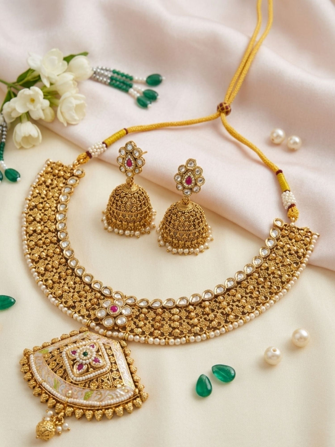 Classic Antique Gold Choker Set with Pearl Detailing & Jhumkas | Shobitam