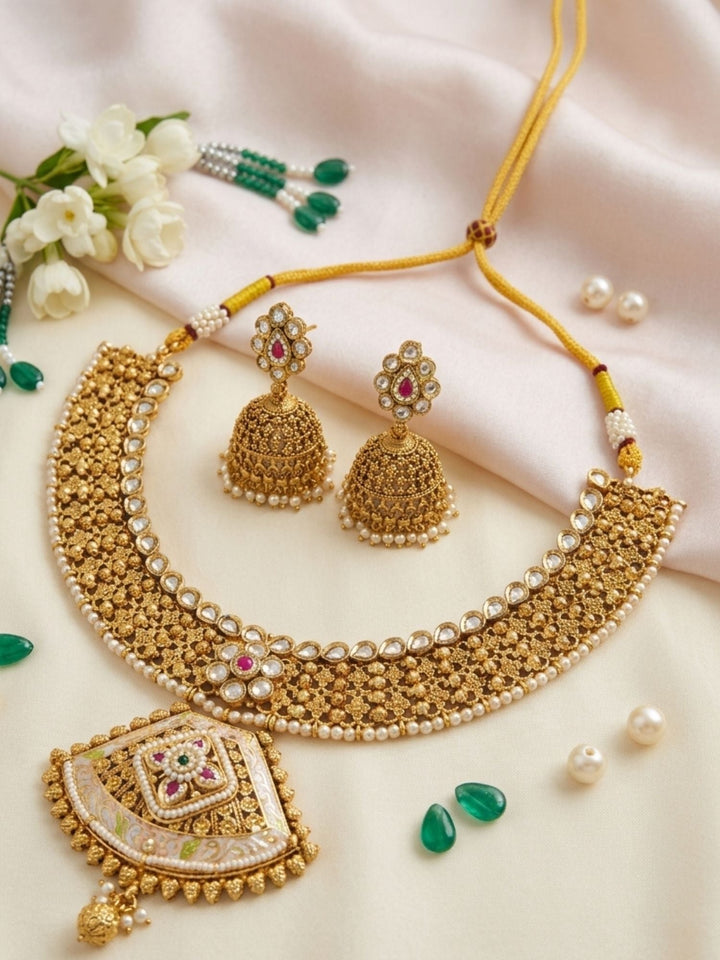 Classic Antique Gold Choker Set with Pearl Detailing & Jhumkas | Shobitam