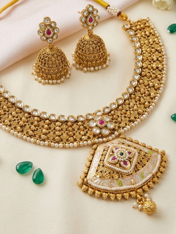 Classic Antique Gold Choker Set with Pearl Detailing & Jhumkas | Shobitam