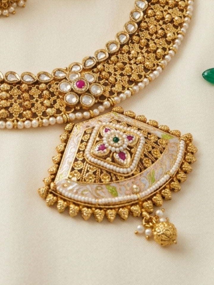 Classic Antique Gold Choker Set with Pearl Detailing & Jhumkas | Shobitam