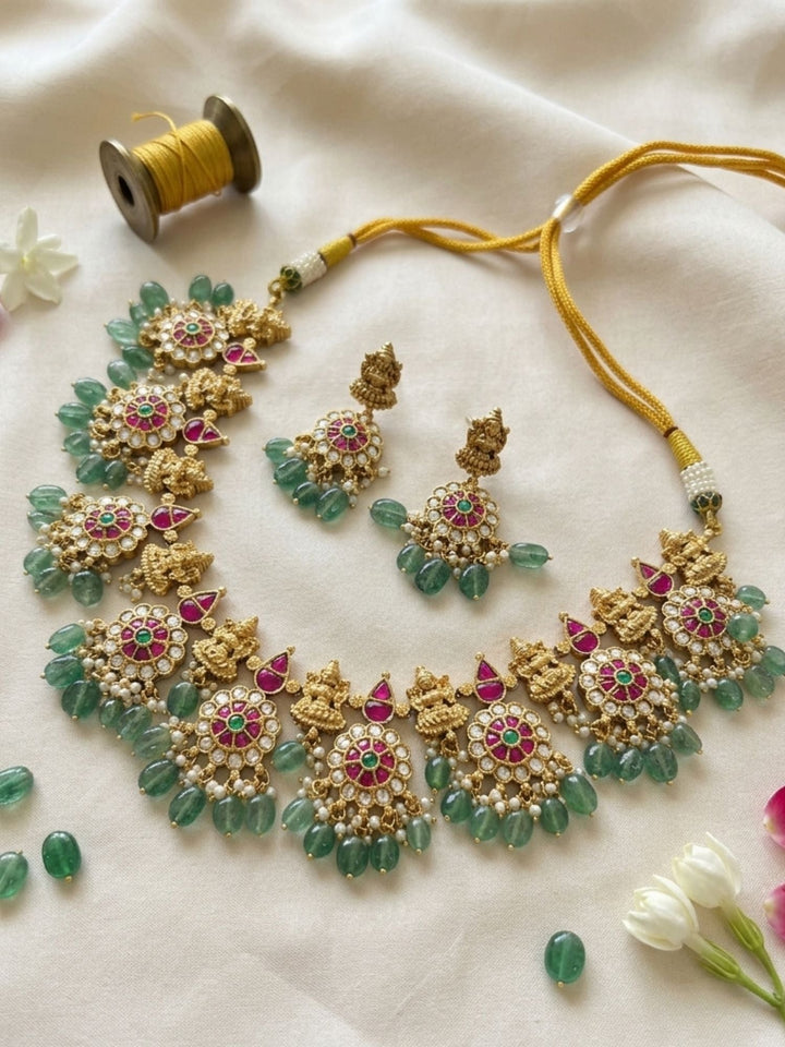 Temple Kundan Choker Set with Lakshmi Motifs & Green Drops | SHOBITAM