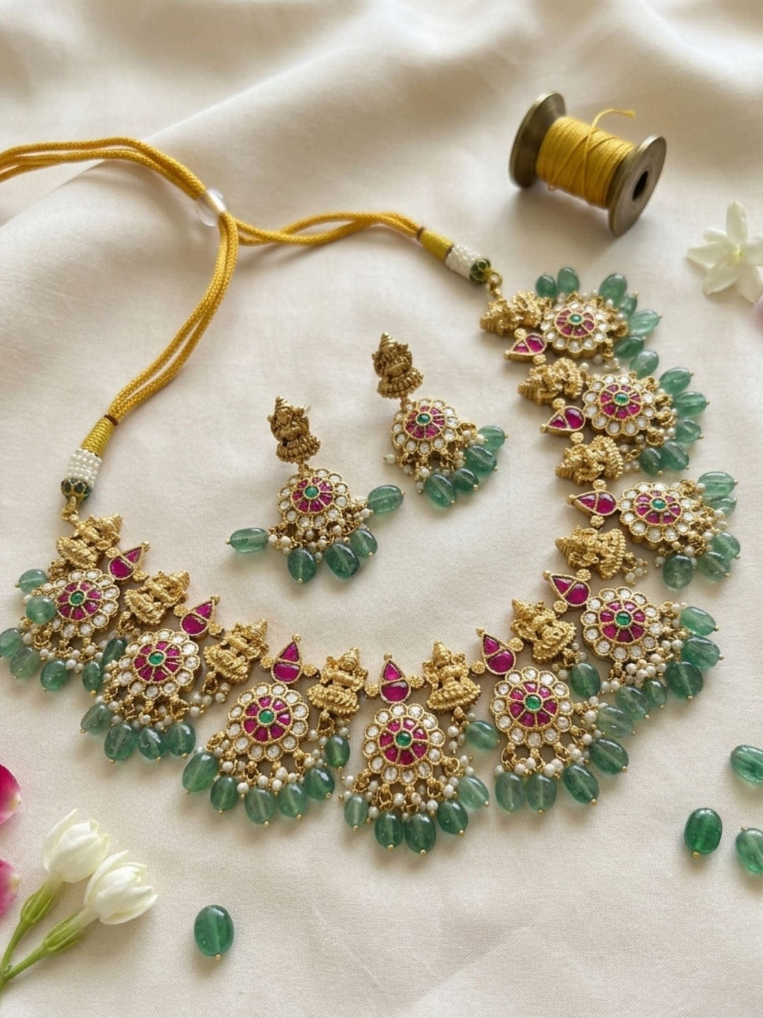 Temple Kundan Choker Set with Lakshmi Motifs & Green Drops | SHOBITAM