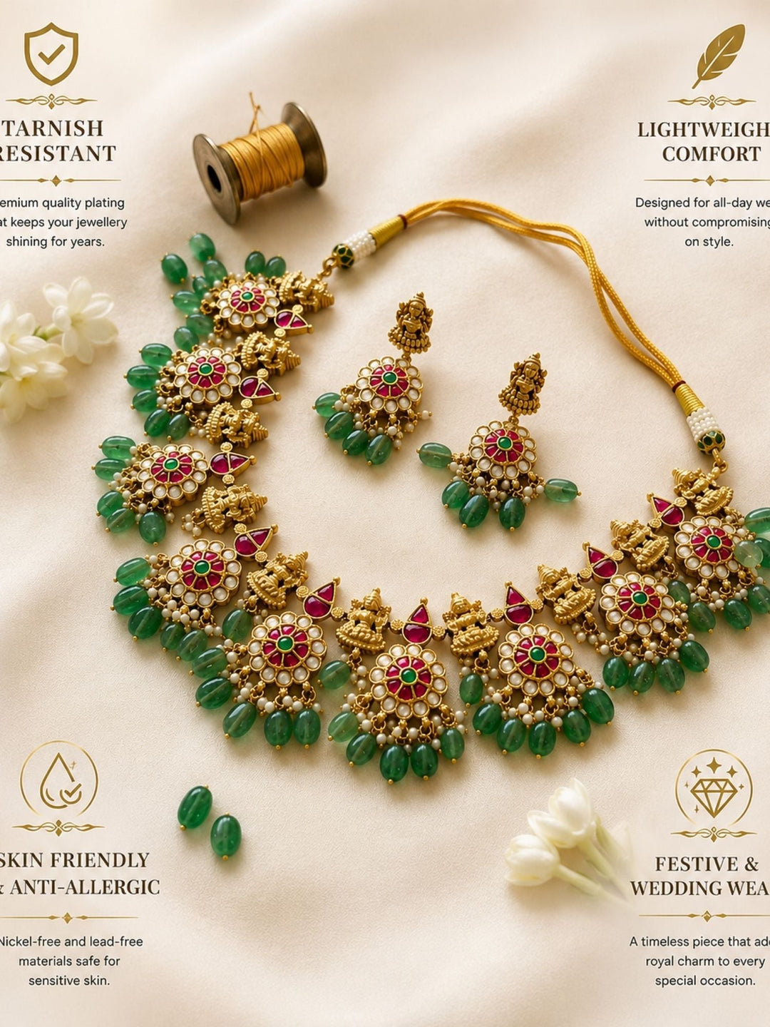 Temple Kundan Choker Set with Lakshmi Motifs & Green Drops | SHOBITAM
