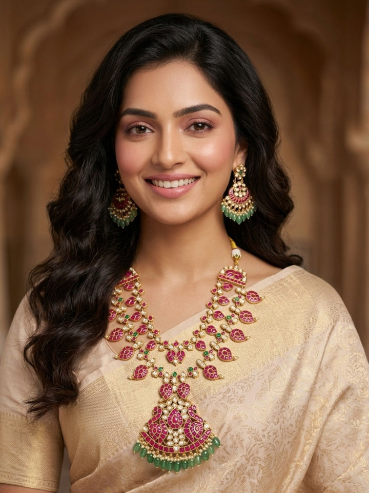 Rani Pink Kundan Bridal Long Necklace Set with Emerald Drops  | Shobitam