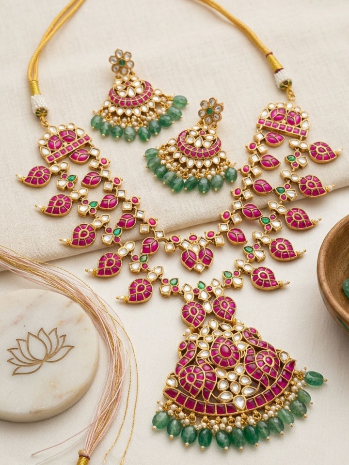 Rani Pink Kundan Bridal Long Necklace Set with Emerald Drops  | Shobitam