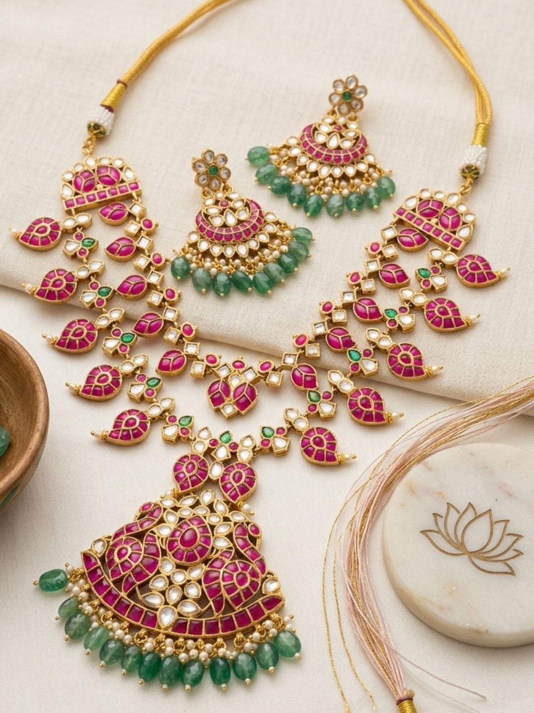 Rani Pink Kundan Bridal Long Necklace Set with Emerald Drops  | Shobitam