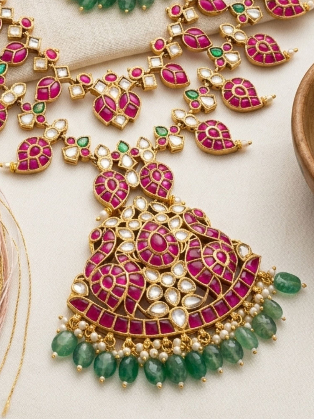 Rani Pink Kundan Bridal Long Necklace Set with Emerald Drops  | Shobitam