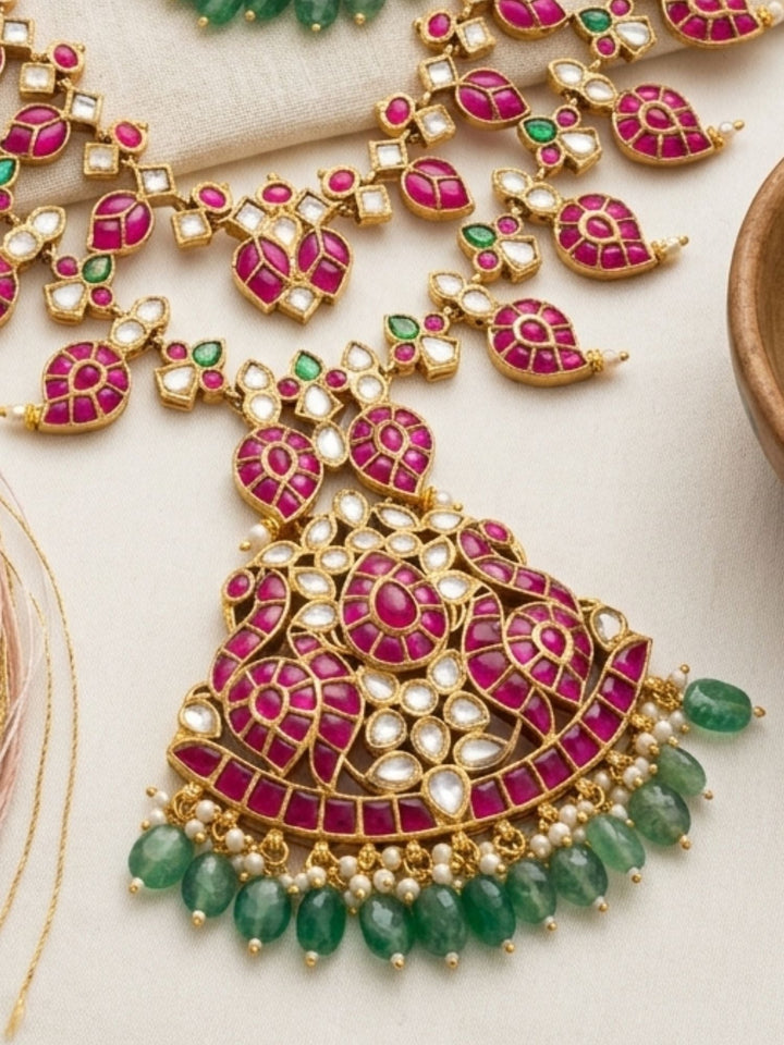 Rani Pink Kundan Bridal Long Necklace Set with Emerald Drops  | Shobitam
