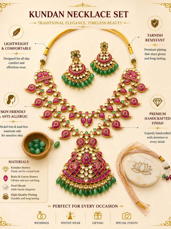 Rani Pink Kundan Bridal Long Necklace Set with Emerald Drops  | Shobitam