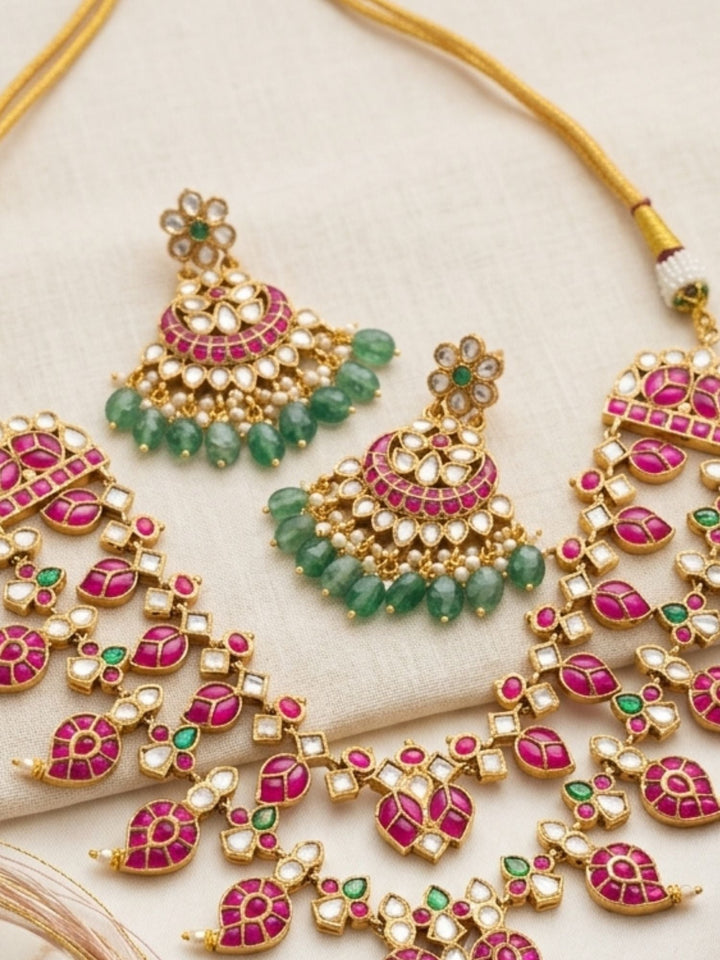 Rani Pink Kundan Bridal Long Necklace Set with Emerald Drops  | Shobitam