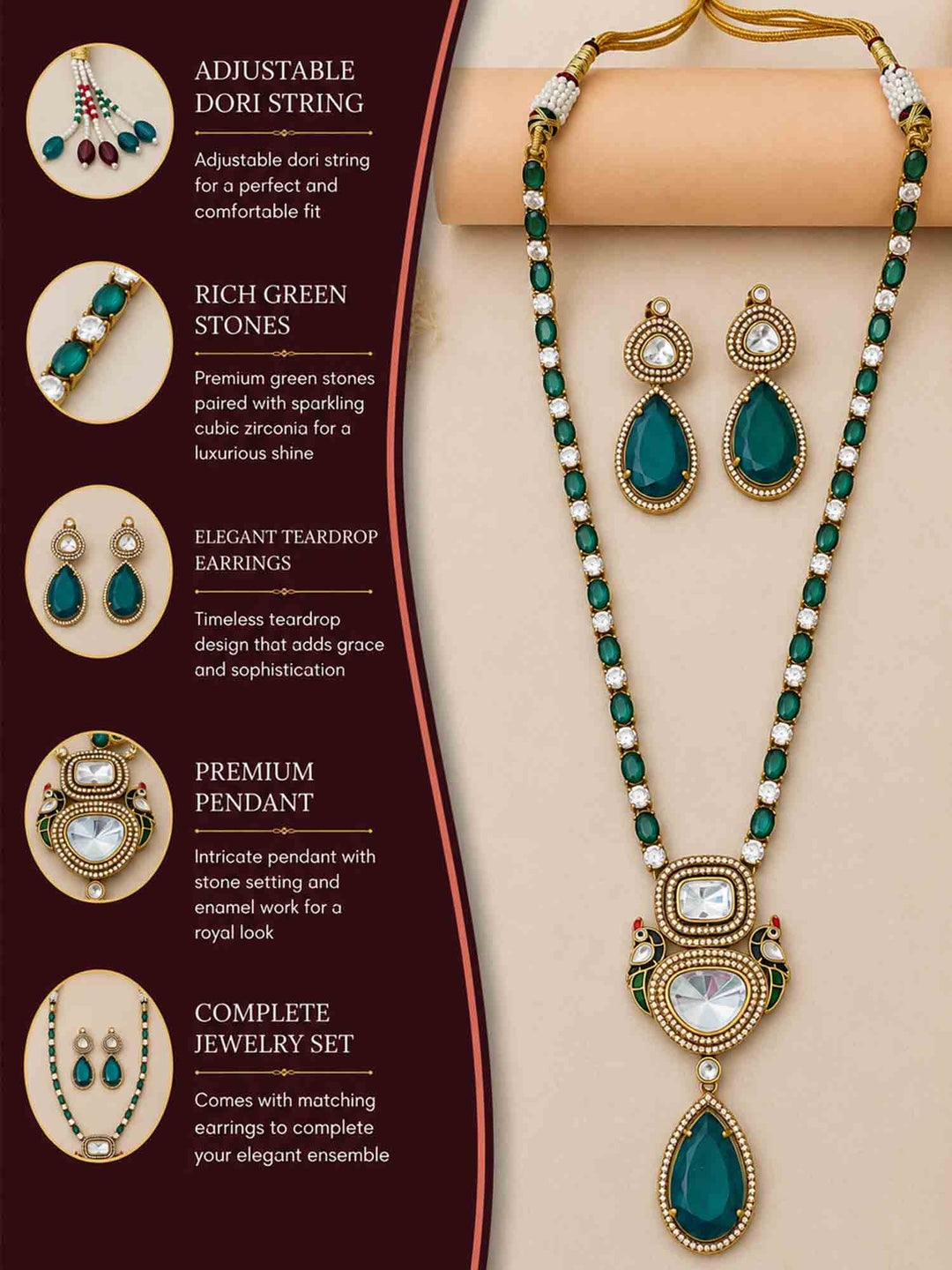 Victorian Gold-Plated Emerald Polki Peacock Necklace Set | SHOBITAM