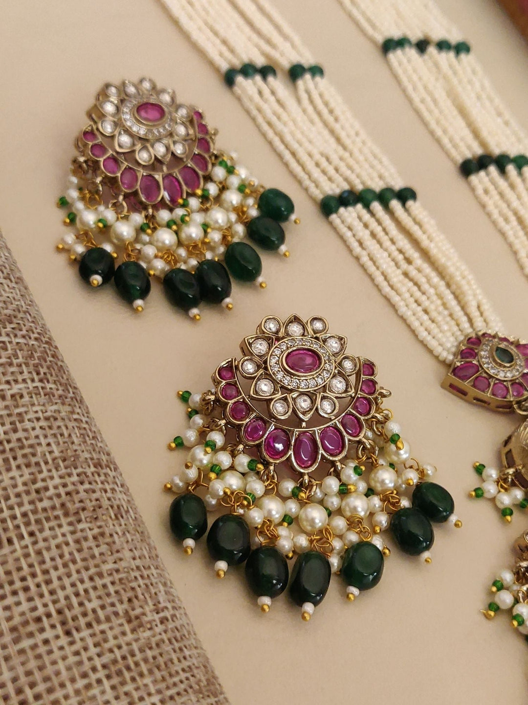 Gold Plated Long Bridal Polki Stone Necklace Set | SHOBITAM