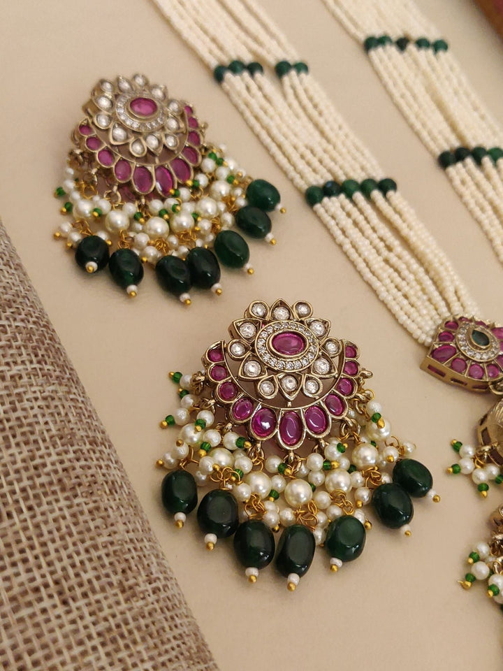 Gold Plated Long Bridal Polki Stone Necklace Set | SHOBITAM