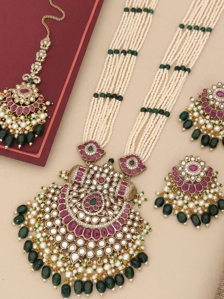 Gold Plated Long Bridal Polki Stone Necklace Set | SHOBITAM