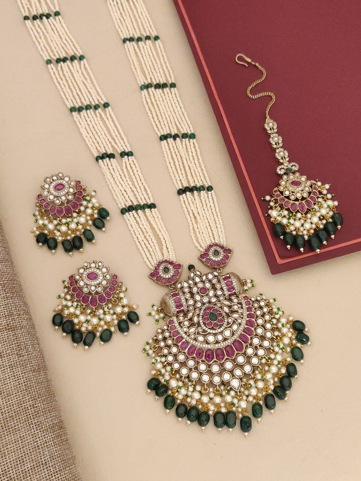 Gold Plated Long Bridal Polki Stone Necklace Set | SHOBITAM