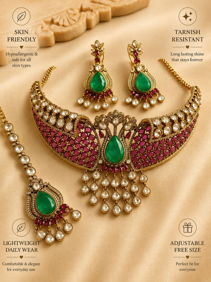 Heavy Bridal Choker Set with Maang Tikka & Earrings | SHOBITAM