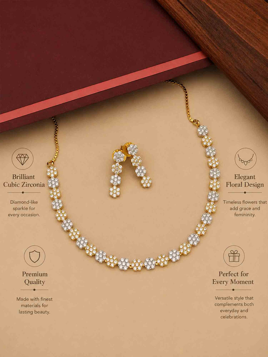Floral American Diamond Necklace Set | SHOBITAM