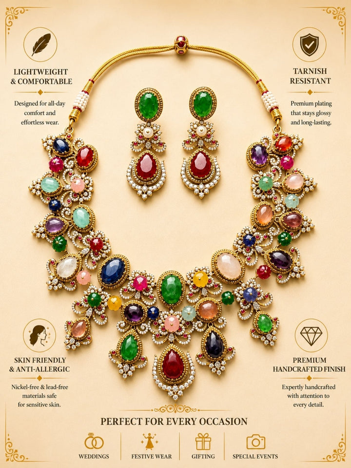 Multicolour Navratna Kundan Statement Necklace Set with Earrings | Shobitam