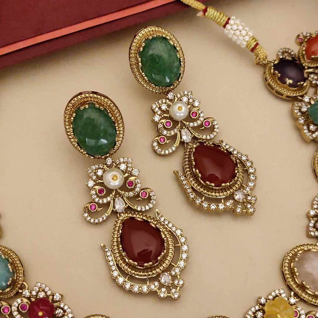 Multicolour Navratna Kundan Statement Necklace Set with Earrings | SHOBITAM
