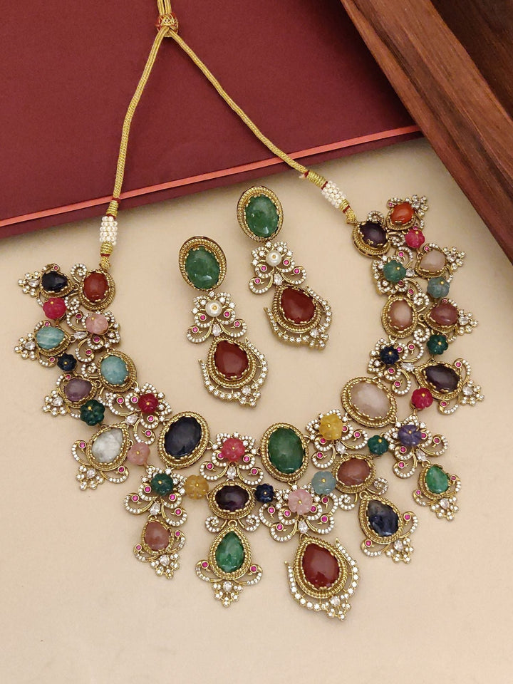 Multicolour Navratna Kundan Statement Necklace Set with Earrings | SHOBITAM