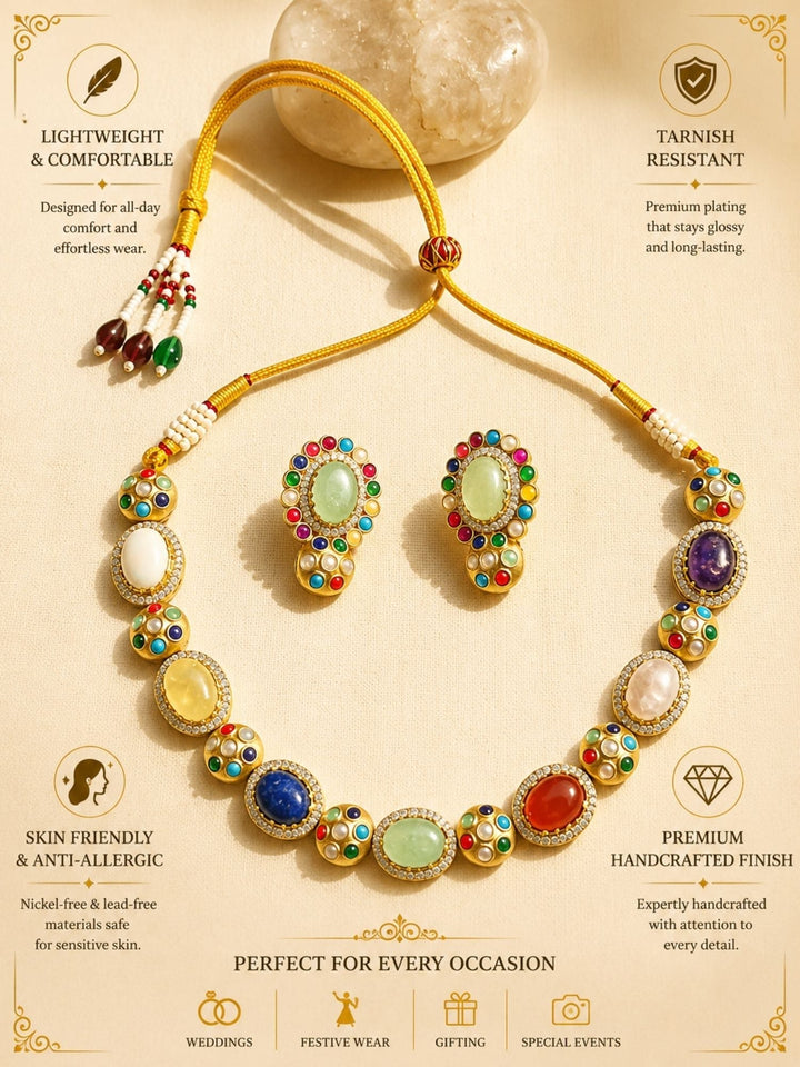 Navratna Kundan Necklace Set with Earrings | Shobitam