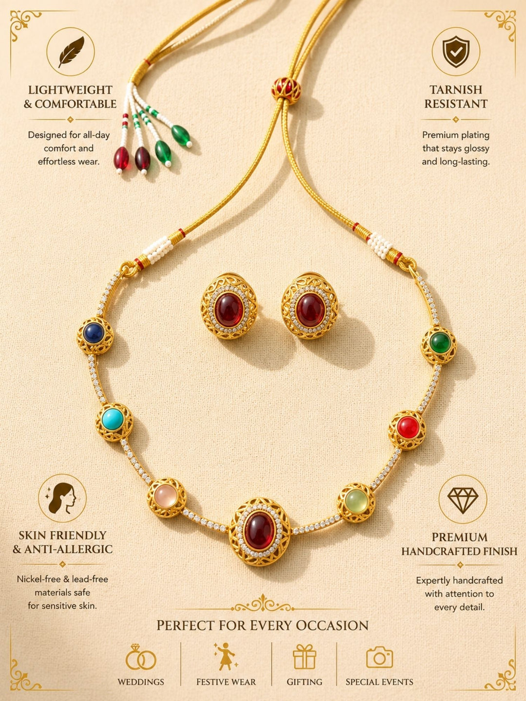 Navratna Stone Necklace Set with Earrings | SHOBITAM